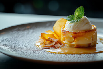 Mammi dessert with ice cream and caramel sauce in elegant restaurant setting