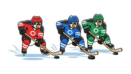 Fototapeta premium Penguin Hockey Players: Cartoon penguins, each adorned in distinct team colors, engage in a spirited ice hockey game, ready to take their shot.