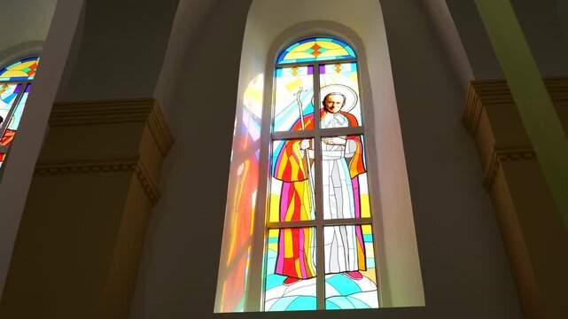 Vibrant stained glass windows bathed in light, depicting figures of faith. A sanctuary's embrace, where colorful glass art tells sacred stories. Sunlight streams through arched windows, illuminating i