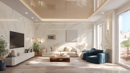 Elegant Living Room Interior with Marble Walls, Modern Furniture, and Natural Light from Large Windows