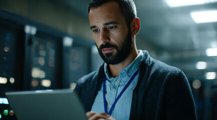 Focused IT professional with a beard working on a laptop in a modern data center server room with racks of equipment.