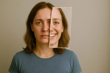 Woman showing two sides of herself, sad and happy, depicting bipolar disorder