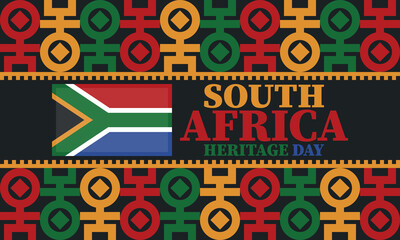 South Africa Heritage Day. Happy holiday. Celebrate culture and traditions of nation. South African flag. Poster with illustration. Pattern design. Vector