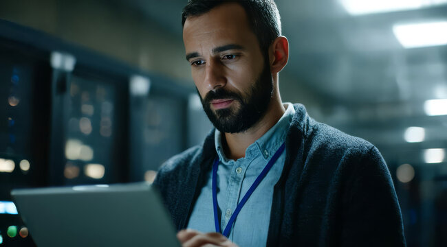 Focused IT professional with a beard working on a laptop in a modern data center server room with racks of equipment.