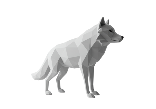 Isolated Geometric Wolf in Profile Stance, Low Poly Grey Rendered Animal on Clear Backdrop