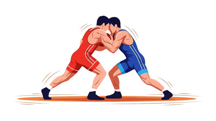 Obraz premium Wrestling Match: Two determined athletes, clad in vibrant singlets, lock in a dynamic wrestling match, their bodies poised in the heat of competition and display power and skill.