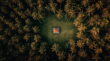 Aerial view of a serene pavilion surrounded by lush palm trees tropical landscape nature photography peaceful environment