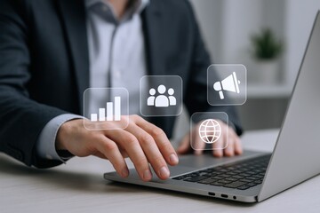 Professional using a Laptop with Digital Marketing Icons Overlaid for Online Business Growth