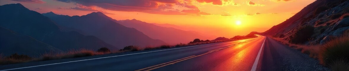 A lone car drives along a scenic highway, winding through mountains under a vibrant sunset sky The asphalt road stretches into the distance, promising adventure , colors, hills
