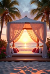 Fototapeta premium chic beach cabana sunset paradise relaxing retreat coastal vibes tropical escape serenity, tropics, chairs, palms, umbrella, deck, ocean, nature, vacation