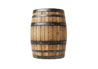 Obraz premium A classic wooden barrel, with its weathered, rich-toned wood and dark iron bands, stands out against a pure black background.