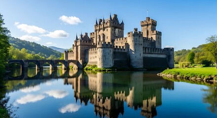 Fototapeta premium Medieval Castle Reflection: A majestic castle stands proudly, its weathered stone facade mirrored flawlessly in the serene waters below, a testament to history and architectural splendor.