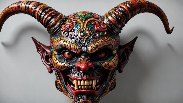 Colorful scary demon mask with horns and sharp teeth on grey background, Halloween mood