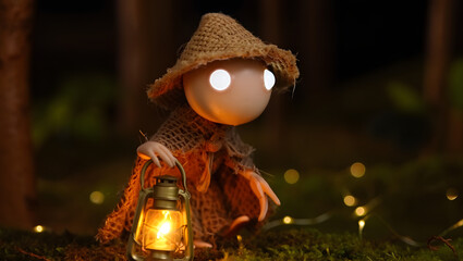 A whimsical doll with a lantern in a mystical forest at night, a spooky and enchanting scene filled with magic and wonder, creating a unique atmosphere