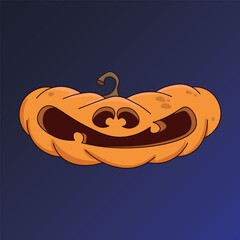 A creepy, cartoonish pumpkin face with sharp, dangerous teeth. Vector illustration for Halloween isolated on a blue background.