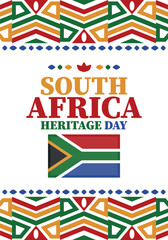South Africa Heritage Day. Happy holiday. Celebrate culture and traditions of nation. South African flag. Poster with illustration. Pattern design. Vector