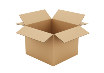 Isolated open cardboard box with flaps for shipping, moving, or storage concept
