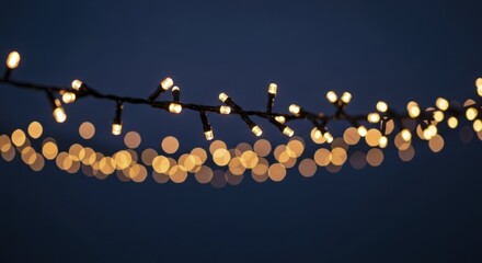 Illuminated string of warm golden fairy lights with beautiful bokeh effect against a deep blue night sky, creating a festive and magical ambiance.