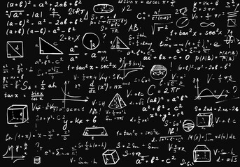 Complex Physics and Math Formulas on Black Blackboard