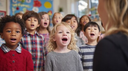 Diverse Group of Elementary School Children Singing with Enthusiasm Led by Teacher in Classroom