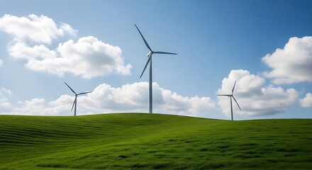 Wind Turbines on Green Hills Under Blue Sky