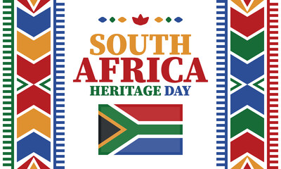 South Africa Heritage Day. Happy holiday. Celebrate culture and traditions of nation. South African flag. Poster with illustration. Pattern design. Vector
