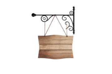 Rustic wooden sign hanging from ornate black metal bracket