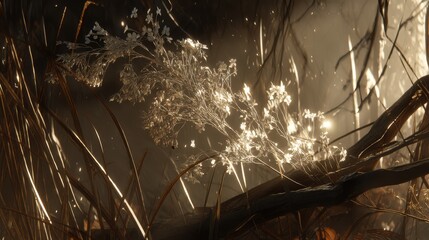 Nature’s whisper illuminated plants in a softly glowing forest close-up ethereal atmosphere