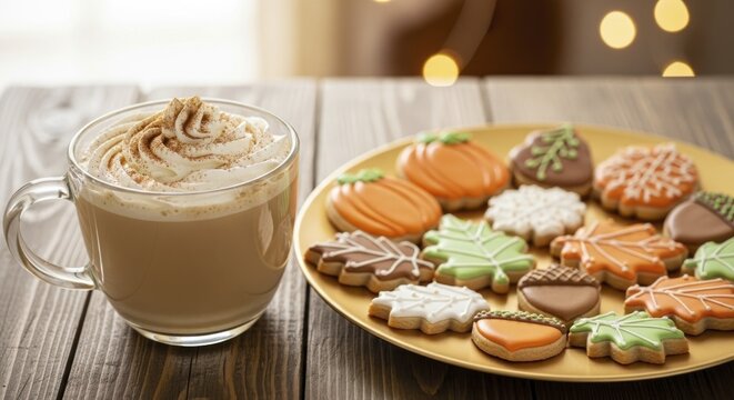Cozy autumn scene featuring a clear mug of whipped cream-topped coffee and a gold plate of assorted fall-themed sugar cookies (pumpkins, leaves, acorns) on a rustic wooden table with warm bokeh lights - Powered by Adobe