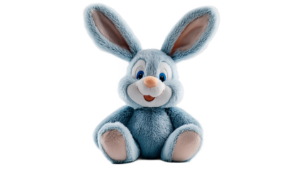 A plush blue bunny sitting upright with a smile on a isolated on transparent background