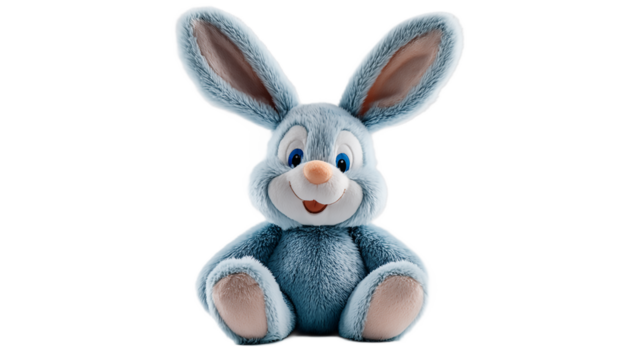 A plush blue bunny sitting upright with a smile on a isolated on transparent background