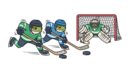 Obraz premium Hockey Frogs' Face-Off: Illustrated cartoon depicts a dynamic hockey scene where three energetic frog players compete passionately for the puck on the ice.