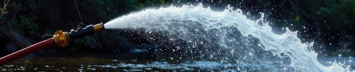 A powerful jet of water arcs high into the air from a fire hose, demonstrating the force and reach of a water stream , high, hose