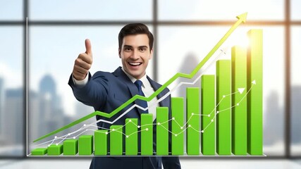 Man in suit giving a thumbs up with a green bar graph and upward trend arrow - Powered by Adobe