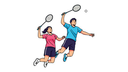 Dynamic Badminton Duo: A vibrant illustration depicts two individuals engaged in an exhilarating game of badminton, perfectly capturing the dynamic movement and energy of the sport.