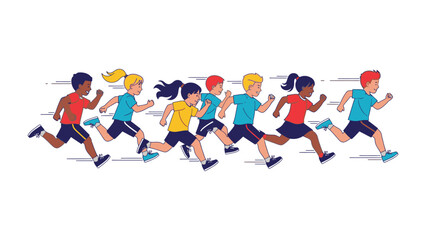 Dynamic Dash: A vibrant illustration of children engaged in a running race, each figure exuding energy and determination, captured in a colorful artistic display.