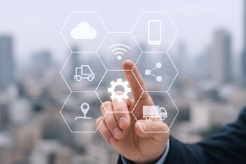 Smart Technology Integration: Hand Touching Interface with Cloud, Truck, and Communication Icons Over Cityscape