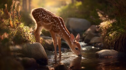 A fawn drinking from a stream in a sunlit forest
