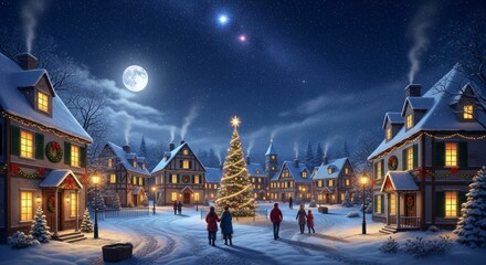 Magical Christmas Eve in a Snowy Village Under a Full Moon and Bright Stars.