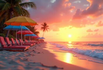 colorful beach umbrellas vibrant sunset sky inspiring summer vibes relaxation coastal experience beachside paradise, ocean, water, sea, sand, tropical