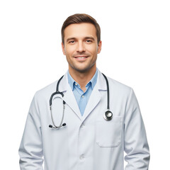Smiling male doctor wearing white coat and stethoscope isolated on transparent background