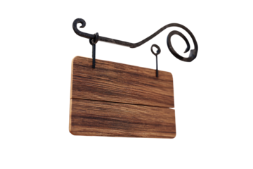 Rustic wooden sign, hanging from ornate black metal bracket