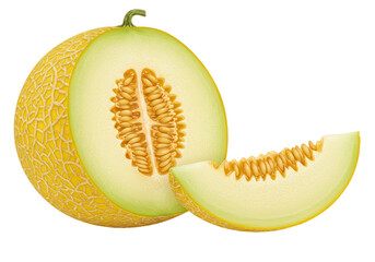 Isolated cantaloupe melon half and slice on a plain backdrop. Exotic fruit close up