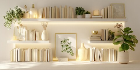Elegant Bookshelf Decor with Plants and Artwork for Home Interior Design