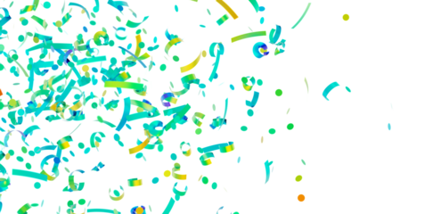 Bright teal and yellow confetti falling on white. Perfect for party invitations, banners, and celebrations.
