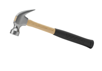 Isolated claw hammer on flat surface with metal head and wooden shaft, rubber grip on handle