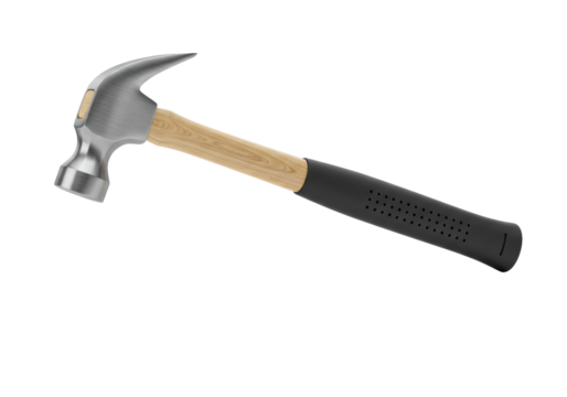 Isolated claw hammer on flat surface with metal head and wooden shaft, rubber grip on handle