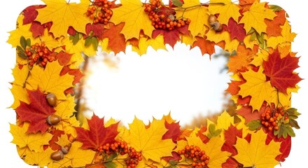 Fototapeta premium Autumn Leaves Frame with Berries and Acorns on White Background.