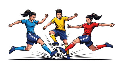 Soccer Players in Action: dynamic action scene of a soccer match with players competing for the ball, their expressions a blend of focus, determination, and agility. Evokes the spirit of competition.