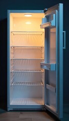 Fototapeta premium Empty Refrigerator, Ajar Door Reveals Stark Interior, Needing Groceries, Fresh Start, Cold, Hungry Vibe, Home, Kitchen